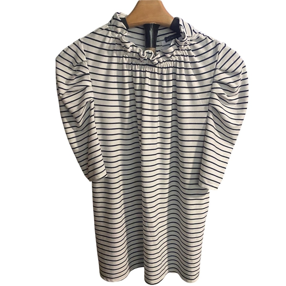 Adrianna Papell Womens Striped Ruffle Neck Puff‎ Sleeve Blouse Navy White Medium